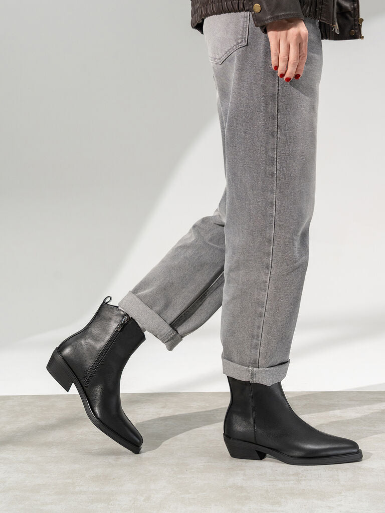 Black Leather Ankle Boots with Low Heel
