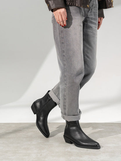Black Leather Ankle Boots with Low Heel
