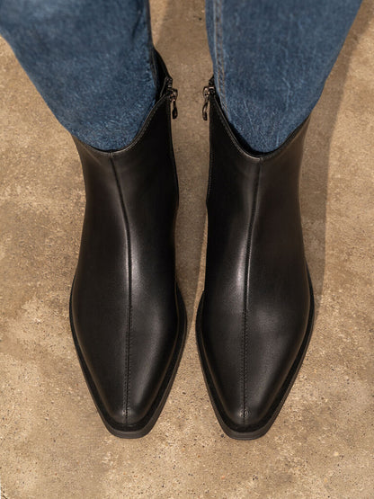 Black Leather Ankle Boots with Low Heel