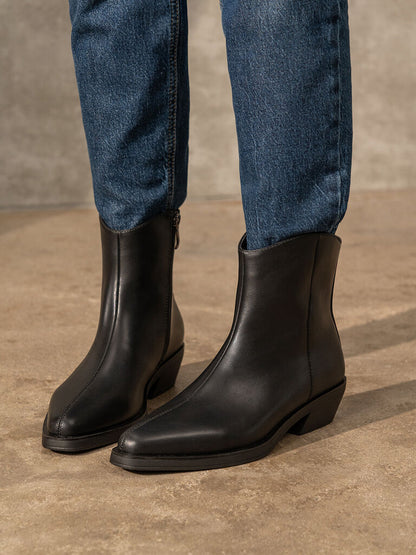 Black Leather Ankle Boots with Low Heel