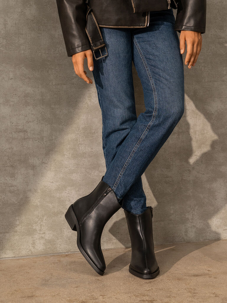 Black Leather Ankle Boots with Low Heel