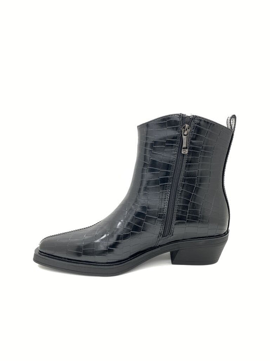 Black Croc-Embossed Ankle Boots