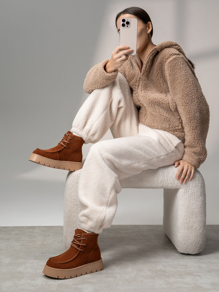 Brown Textured Lace-Up Ankle Boot with Platform Sole