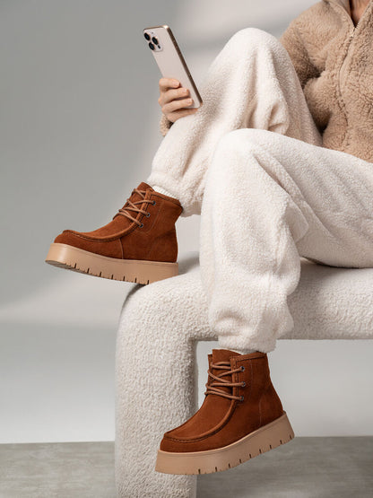 Brown Textured Lace-Up Ankle Boot with Platform Sole