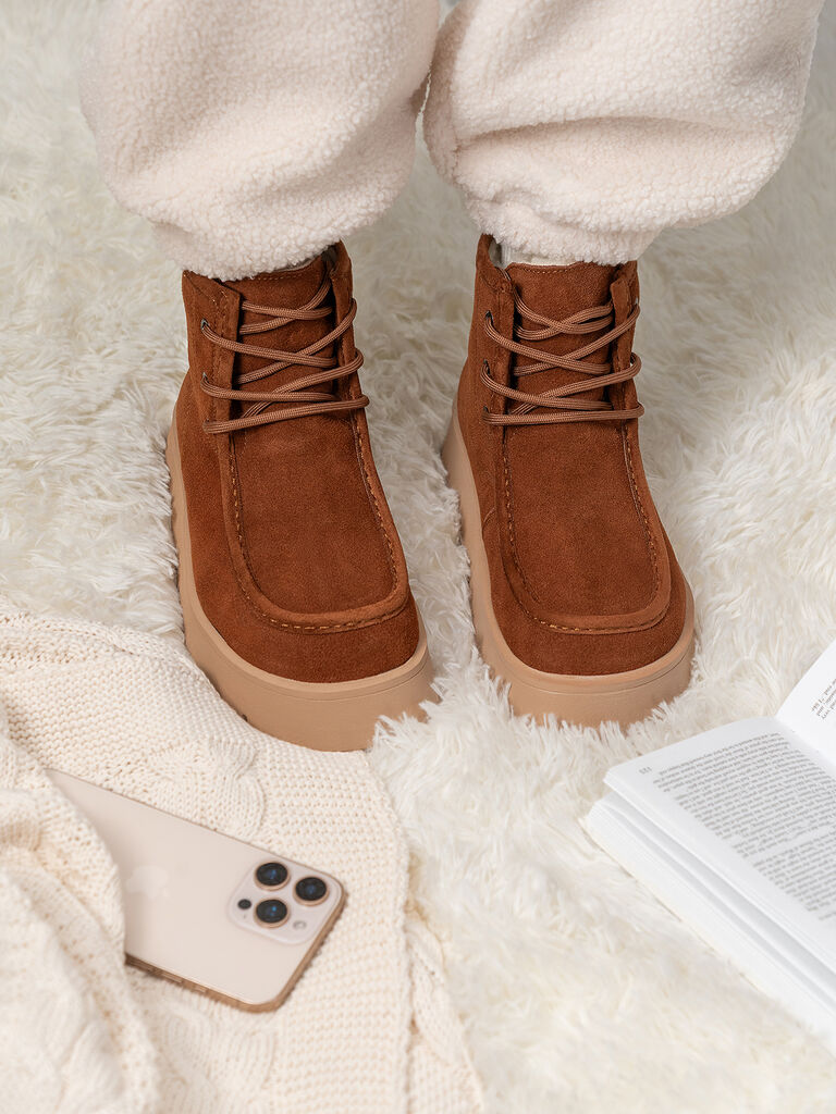 Brown Textured Lace-Up Ankle Boot with Platform Sole