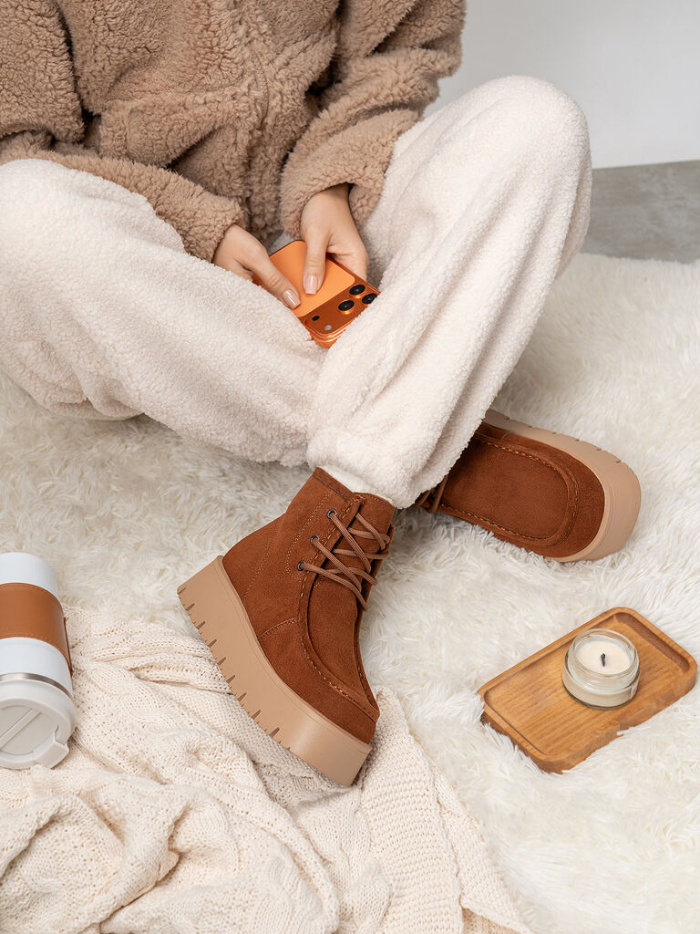 Brown Textured Lace-Up Ankle Boot with Platform Sole