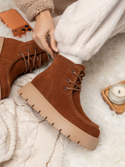 Brown Textured Lace-Up Ankle Boot with Platform Sole