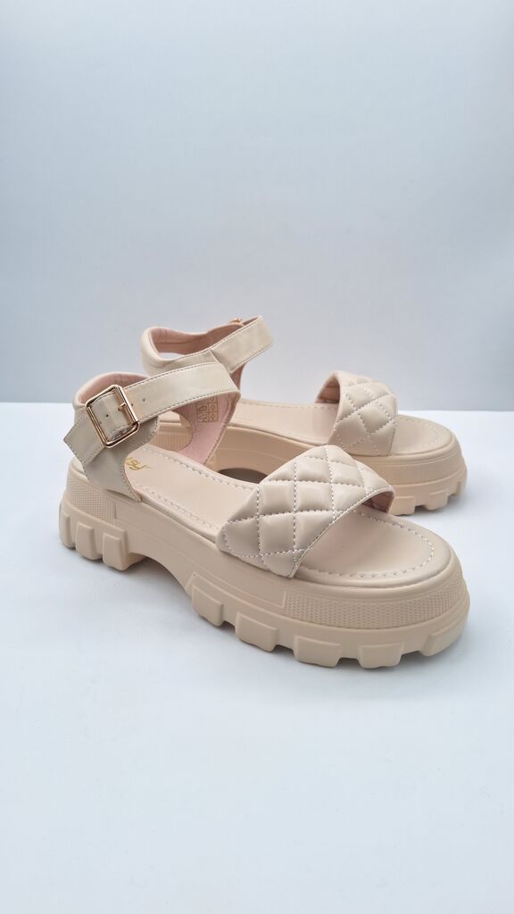Beige Quilted Platform Sandals with Buckle Strap