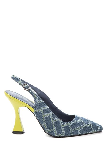 Blue Textured Slingback Heels with Unique Yellow Heel