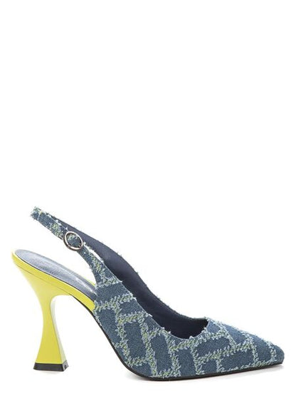 Blue Textured Slingback Heels with Unique Yellow Heel