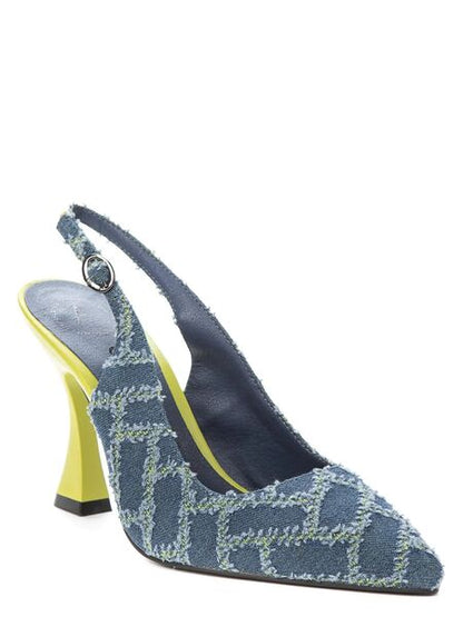 Blue Textured Slingback Heels with Unique Yellow Heel