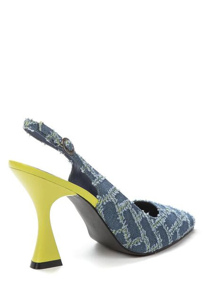 Blue Textured Slingback Heels with Unique Yellow Heel