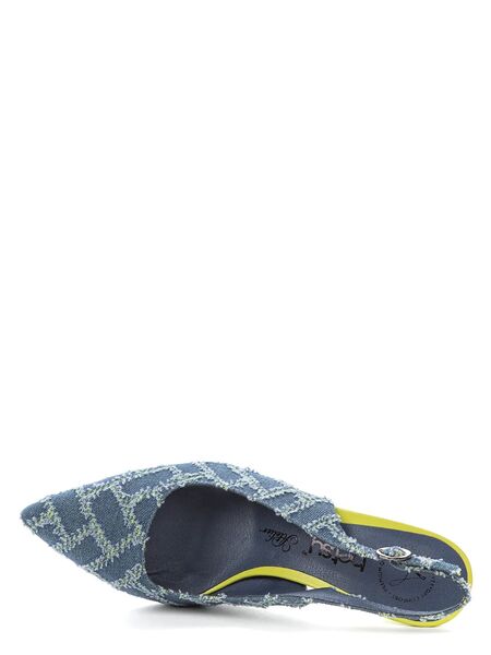 Blue Textured Slingback Heels with Unique Yellow Heel