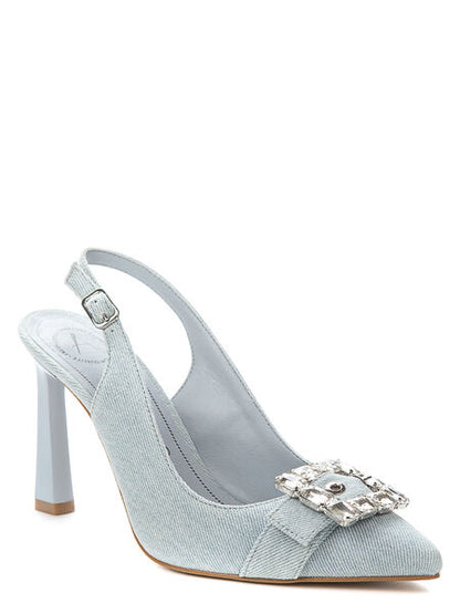 Light Blue Denim Slingback Heels with Rhinestone Buckle