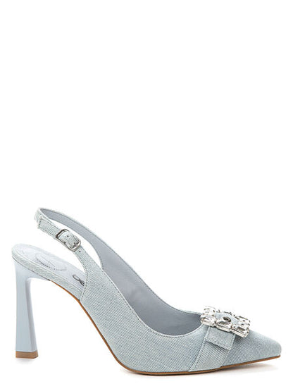Light Blue Denim Slingback Heels with Rhinestone Buckle