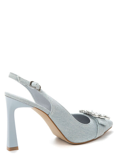 Light Blue Denim Slingback Heels with Rhinestone Buckle