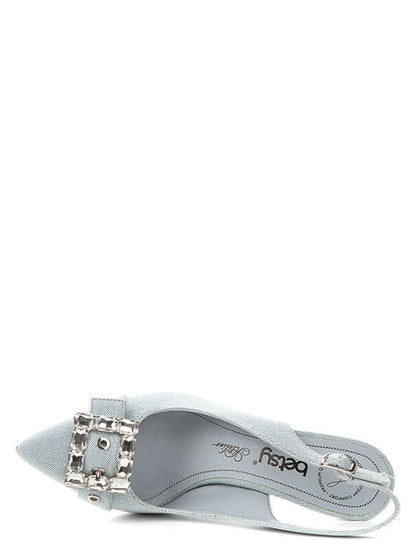 Light Blue Denim Slingback Heels with Rhinestone Buckle