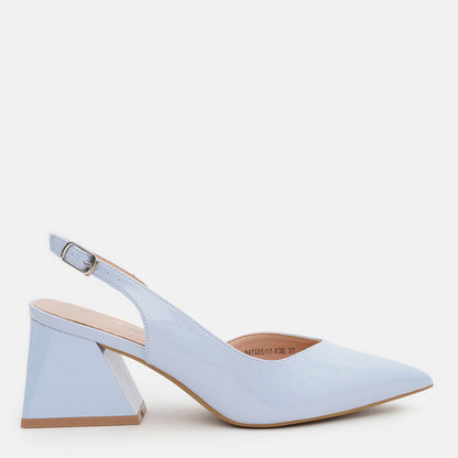 Pale Blue Patent Slingback Heels with Geometric Heel