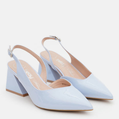 Pale Blue Patent Slingback Heels with Geometric Heel