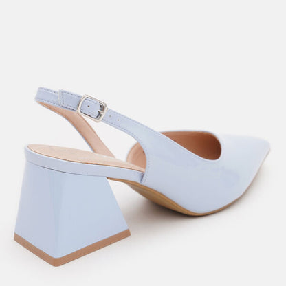 Pale Blue Patent Slingback Heels with Geometric Heel