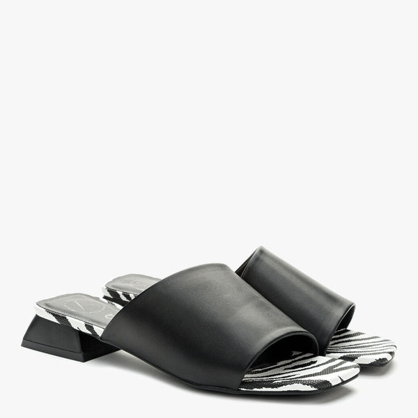 Black Block Heel Slides with Zebra Pattern Insole