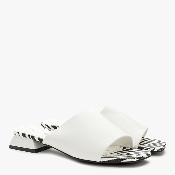 White Slide Sandals with Zebra Print Sole and Low Block Heel