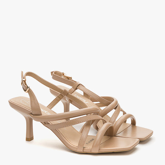 Beige Strappy Patent Sandals with Kitten Heel