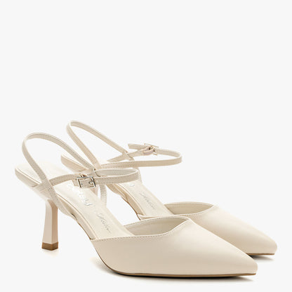 Ivory Pointed Slingback Heels with Buckle