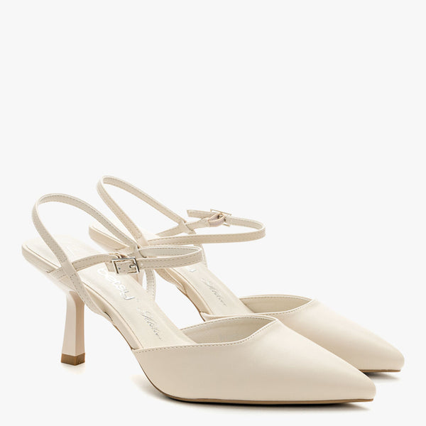 Ivory Pointed Slingback Heels with Buckle