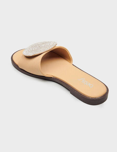 Beige Embellished Slide Sandal with Circular Accent