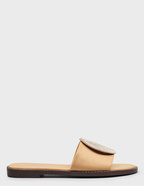 Beige Embellished Slide Sandal with Circular Accent