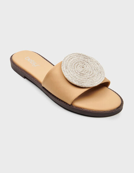 Beige Embellished Slide Sandal with Circular Accent