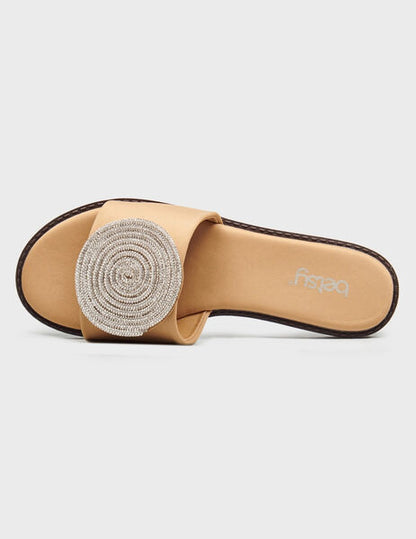 Beige Embellished Slide Sandal with Circular Accent