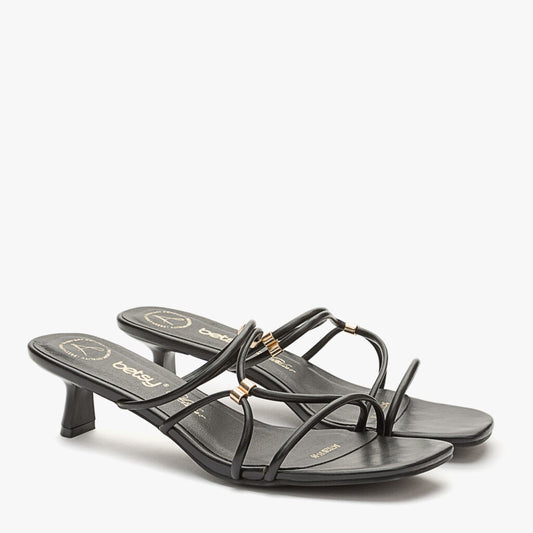 Black Strappy Mid-Heel Sandal with Gold Accents