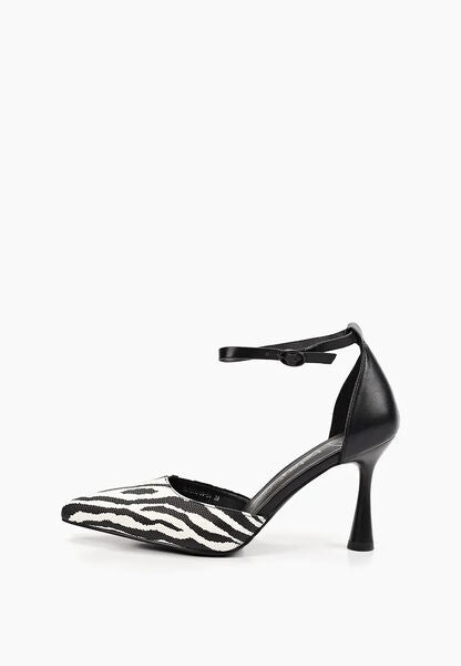 Black and Zebra Print Heeled Sandal with Ankle Strap