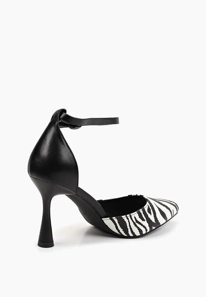 Black and Zebra Print Heeled Sandal with Ankle Strap