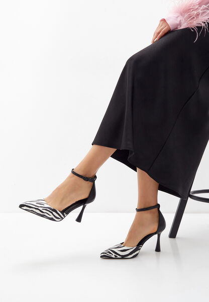 Black and Zebra Print Heeled Sandal with Ankle Strap