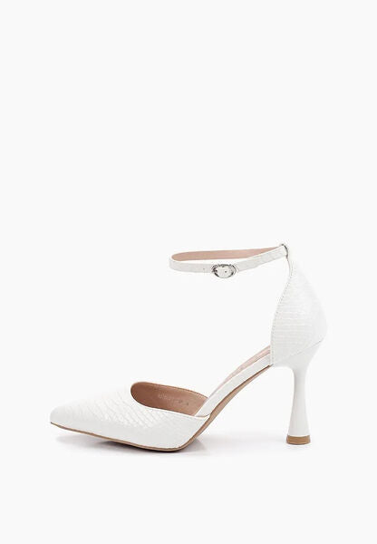 White Textured Ankle Strap Heels