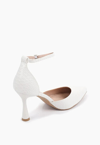 White Textured Ankle Strap Heels