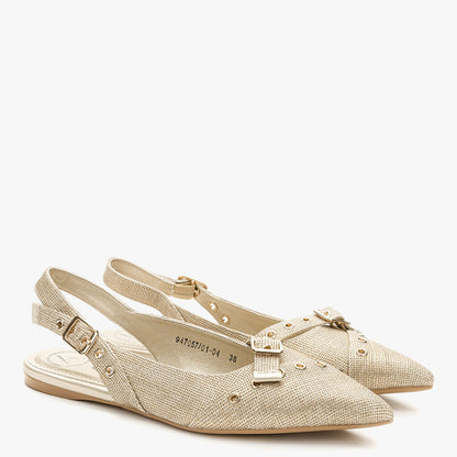 Gold Textured Slingback Flats with Buckle Detail