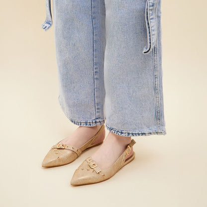 Gold Textured Slingback Flats with Buckle Detail