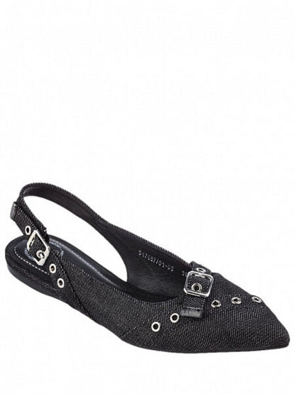 Black Textured Pointed Slingback with Buckles