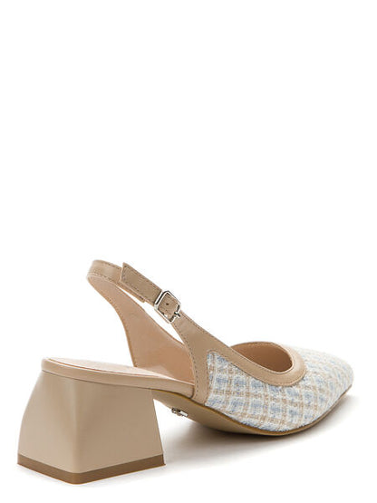 Beige Checkered Slingback Textured Block Heel