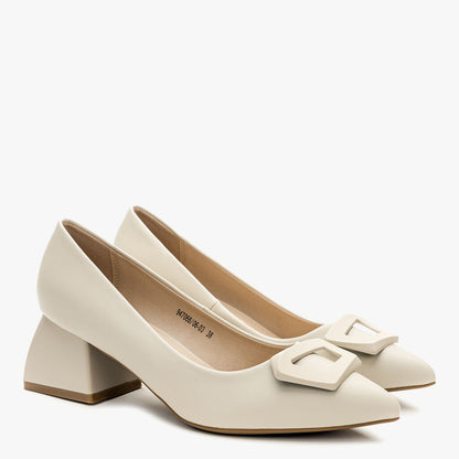 Ivory Leather Block Heel Shoes with Decorative Buckle