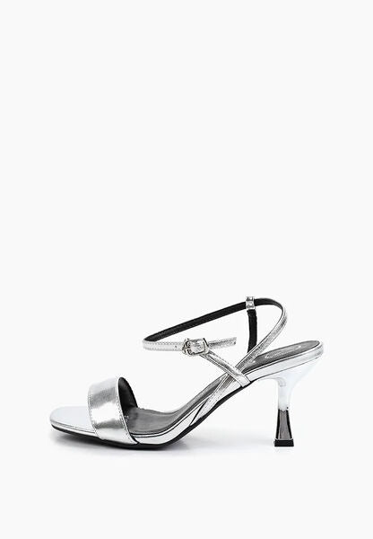 Silver Metallic Heeled Sandal with Ankle Strap
