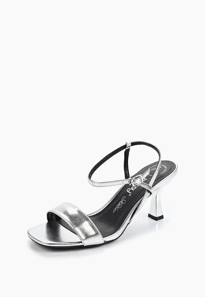 Silver Metallic Heeled Sandal with Ankle Strap