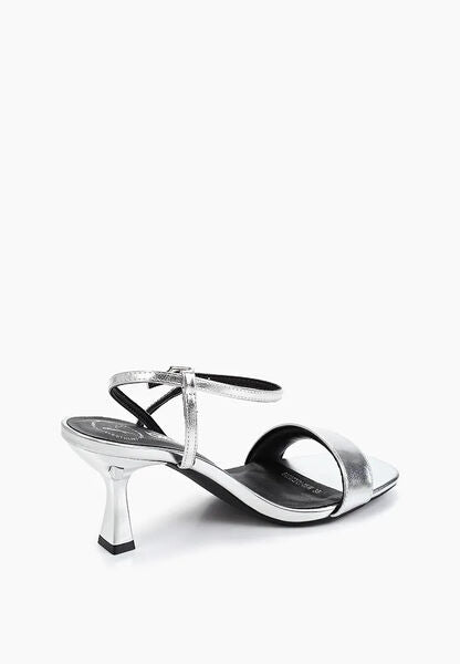 Silver Metallic Heeled Sandal with Ankle Strap