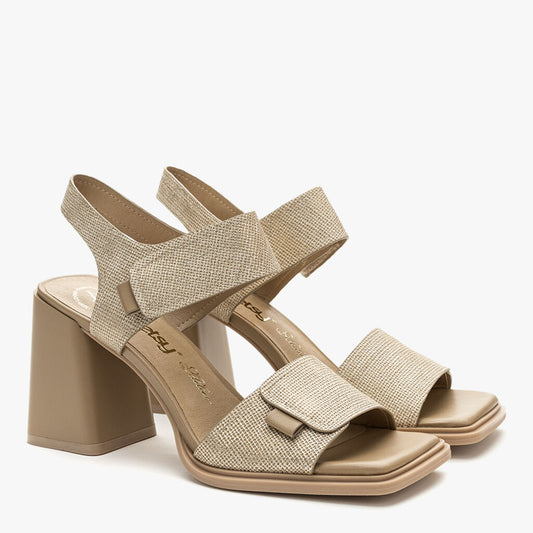 Beige Textured Block Heel Sandals
