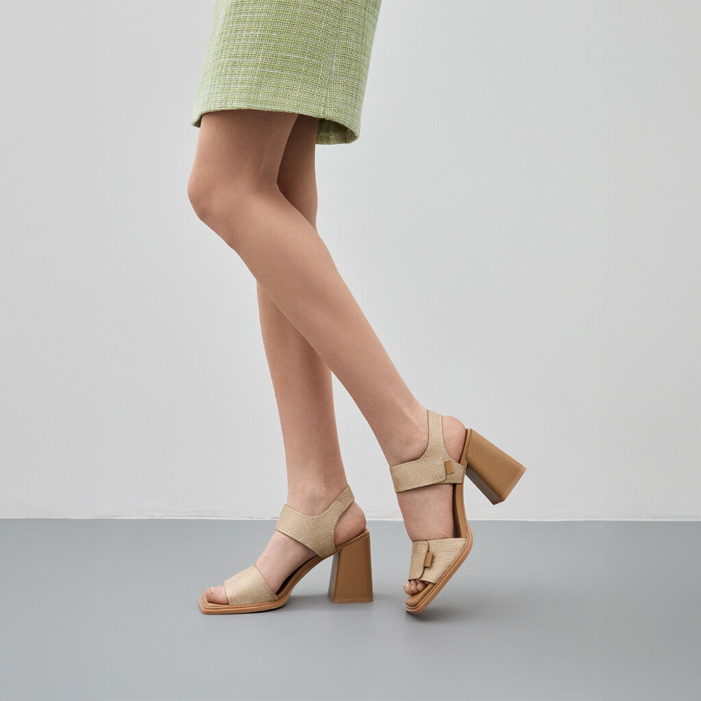 Beige Textured Block Heel Sandals