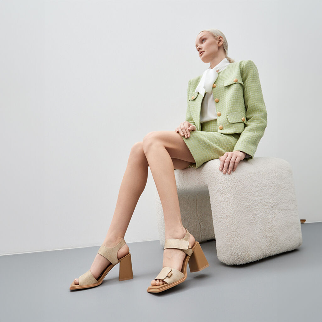 Beige Textured Block Heel Sandals